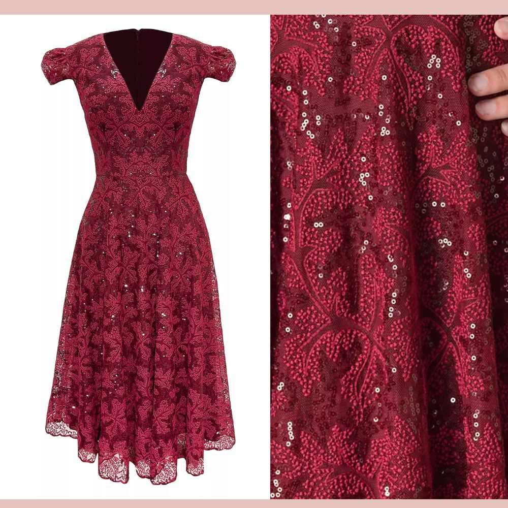 NEW $348 Dress The Population [ Large ] Magdalena Sequin Lace‎ Midi Dress Red - Picture 2 of 13